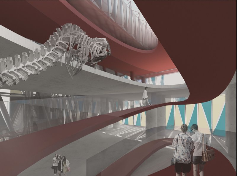 Dynamic exhibition space featuring sculptural circulation paths, marine displays, and immersive educational environments.