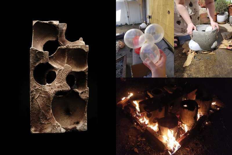 Four-panel sequence showing concrete block construction, balloon forming, demolding, and wood burning process