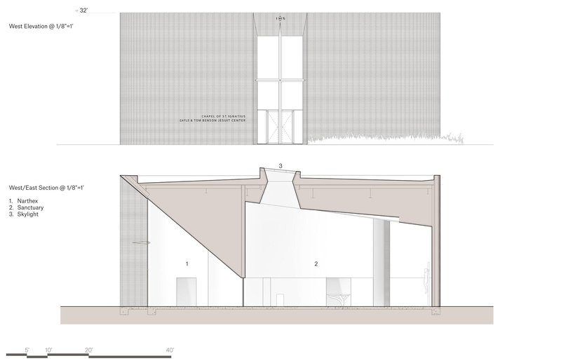 West elevation and section drawings showing the vertical ribbed facade and interior spatial volumes