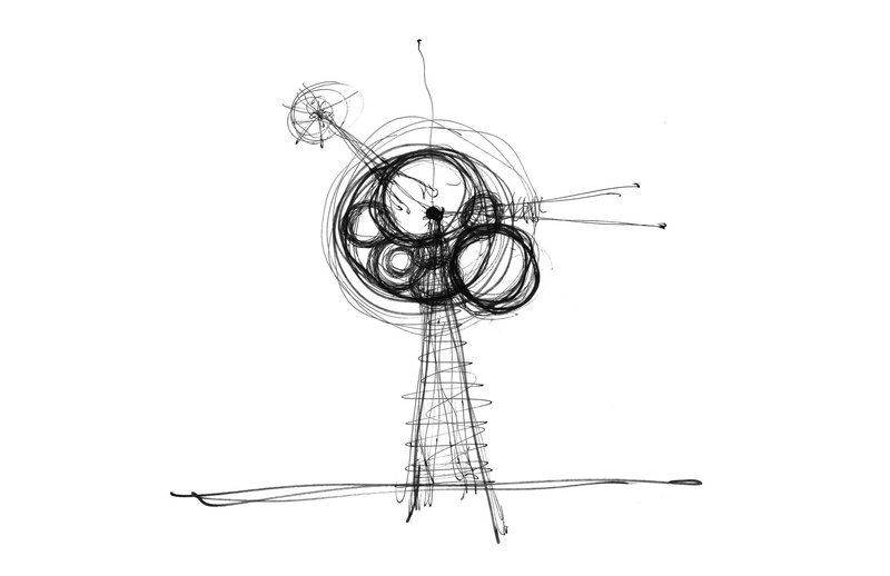 Conceptual sketch showing clustered circular forms atop a tapered base with radiating lines