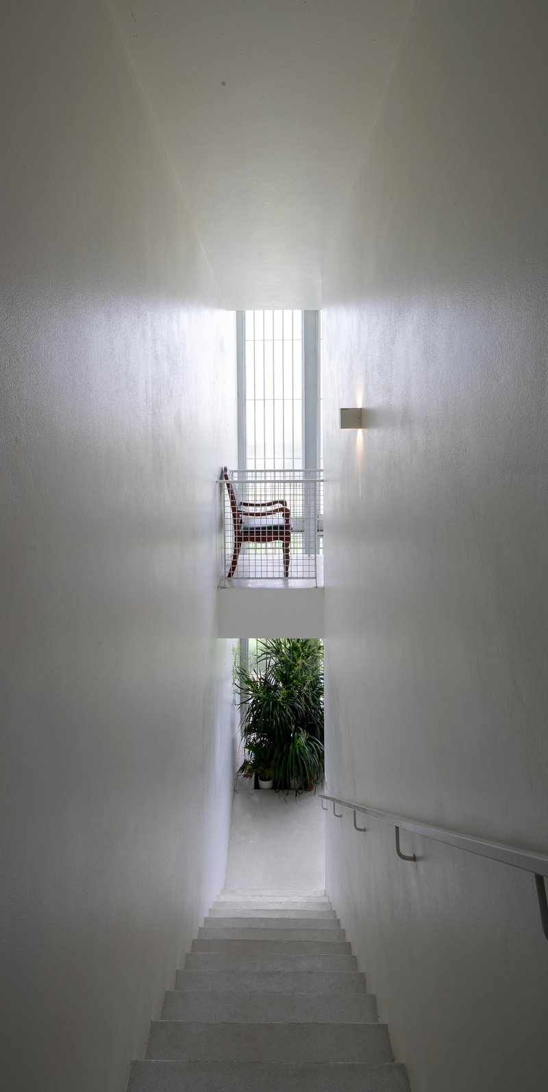Stairwell view down concrete steps toward a planted landing and wire mesh balustrade with chair above