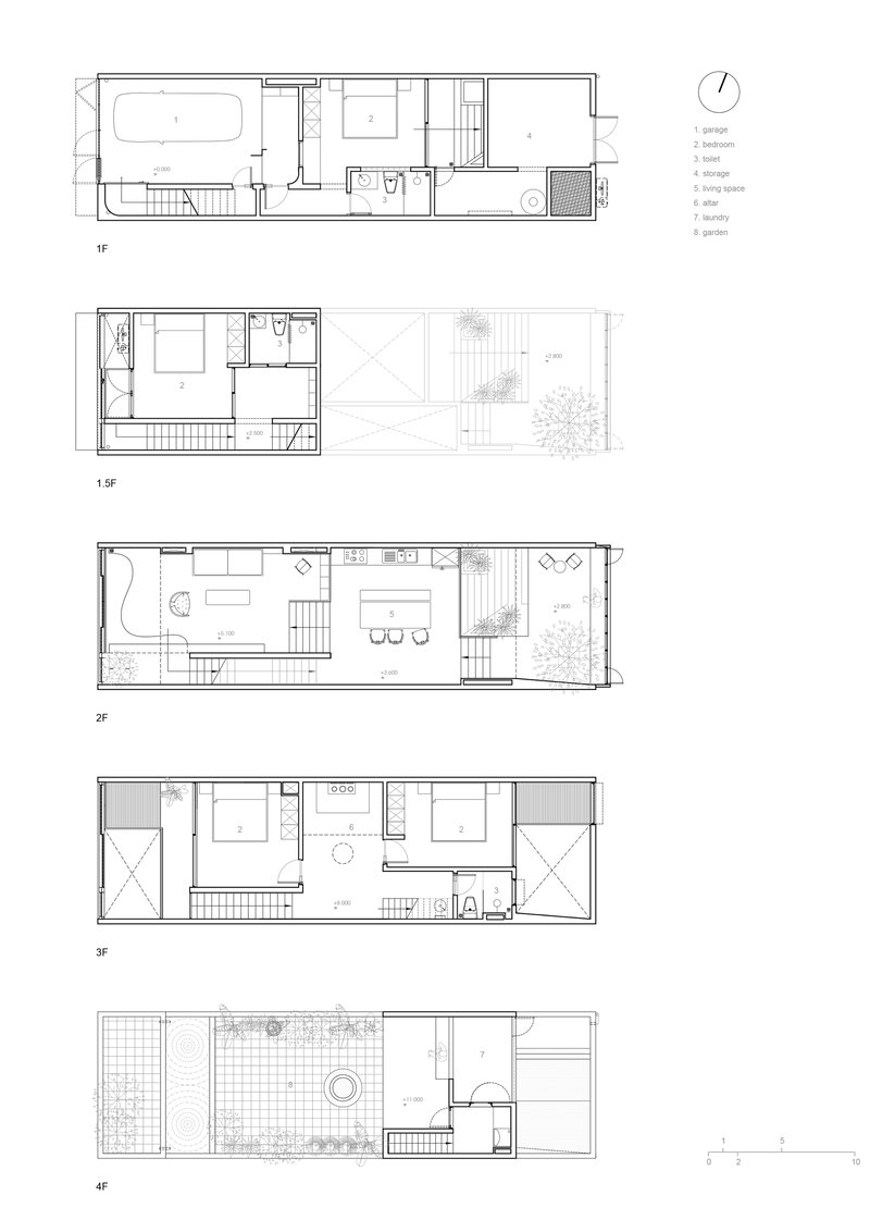 Floor plan drawing showing five stacked levels with living spaces, bedrooms, and rooftop terraces with planting