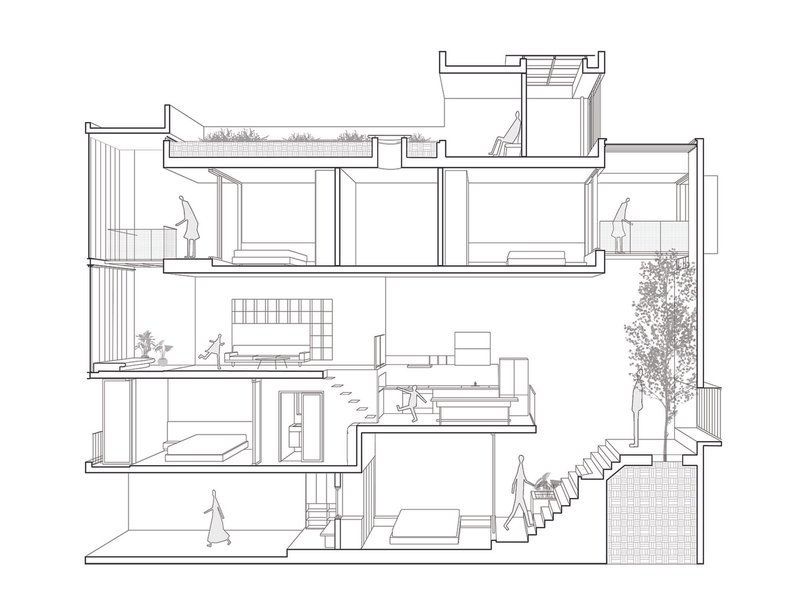 Section drawing showing split-level interior volumes with stairs, rooftop gardens, and figures indicating scale
