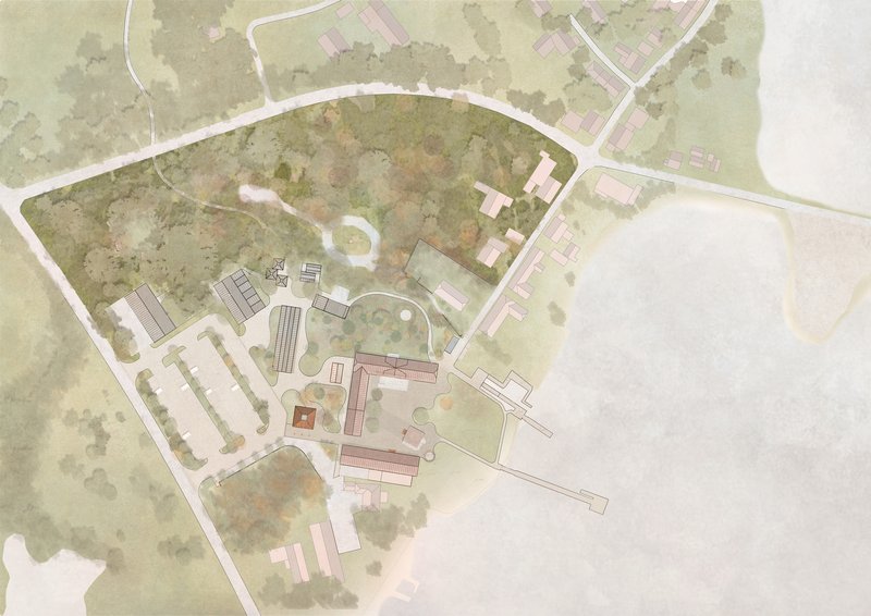 Site plan drawing showing building cluster with pathways, trees, and surrounding landscape in watercolor rendering