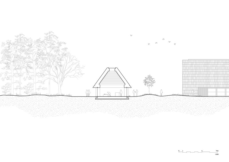 Elevation drawing showing a pavilion with pitched roof between trees and birds overhead