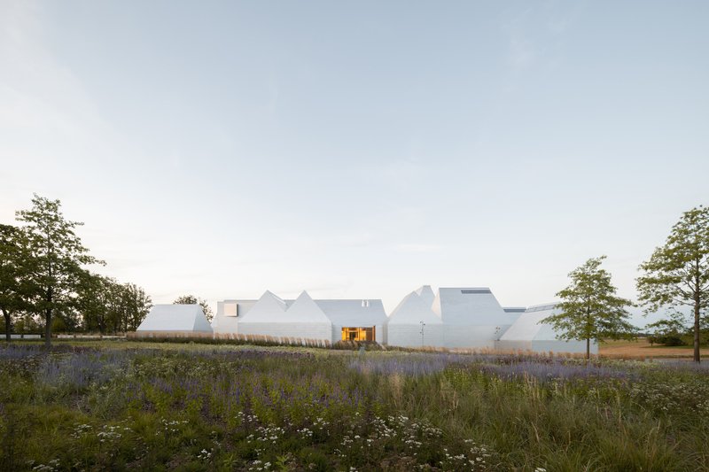 White angular roofscape rising above a field of purple wildflowers at twilight