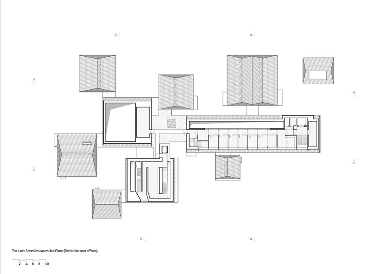 Floor plan drawing showing pavilion roofs and office spaces with hatched roof indications