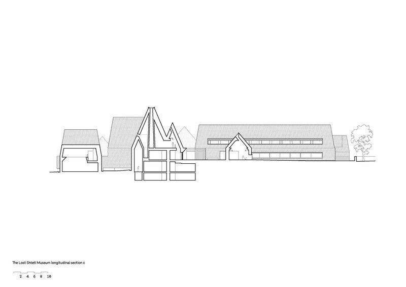 Longitudinal section drawing illustrating a series of gabled forms and low pavilions with a single tree