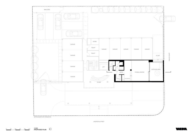 Proposed floor plan showing garage spaces and fitness center with outdoor area at ground level