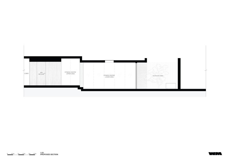 Section drawing showing interior spatial relationships between fitness center and outdoor area with planted bed