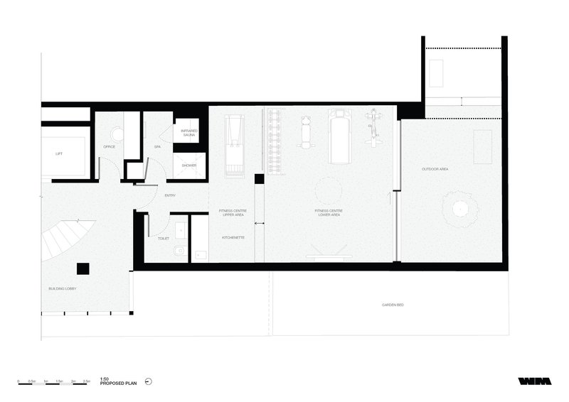 Proposed floor plan showing fitness center with library area and outdoor terrace at upper level