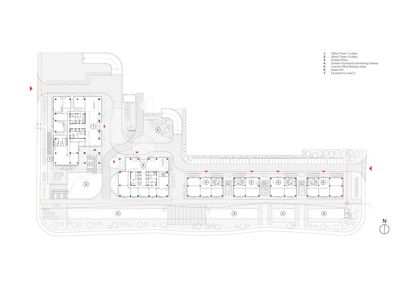 Site plan drawing showing the tower and linear bar buildings with landscaping and circulation paths