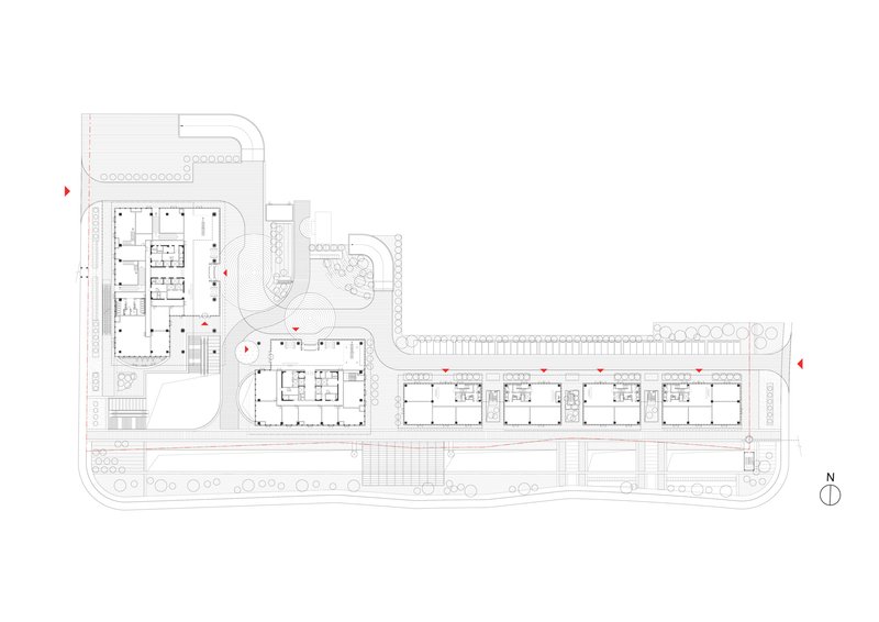 Ground floor plan drawing showing the tower lobby and elongated bar with repeating room modules