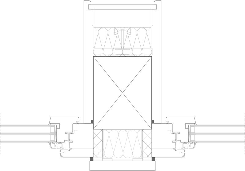 Section detail drawing showing window assembly with insulation layers and structural framing connections