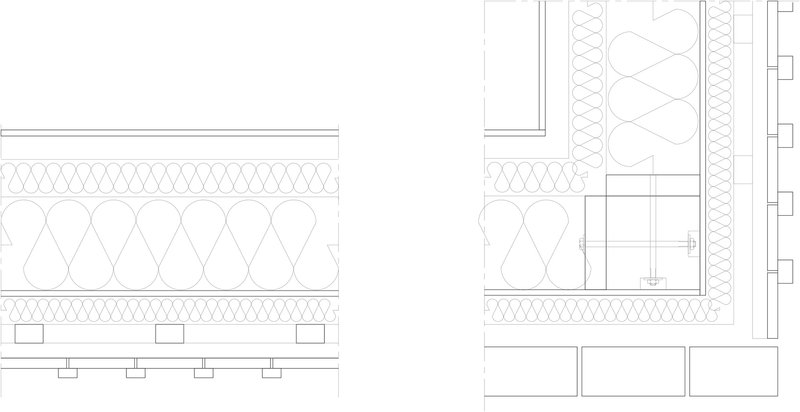 Wall section detail drawing showing insulation assembly at corner window condition with glazing frames