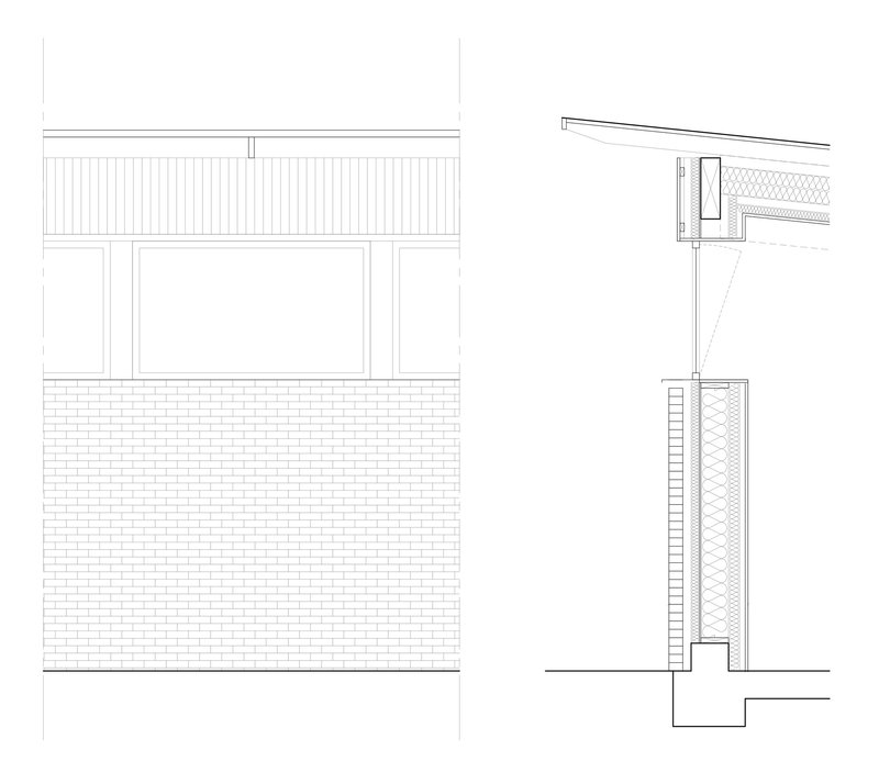 Elevation and section drawings showing brick wall base with vertical cladding and sloped roof detail