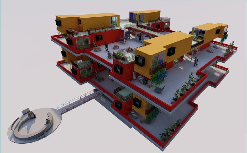 Modular container housing redefines adaptive reuse architecture through flexible offshore living spaces.