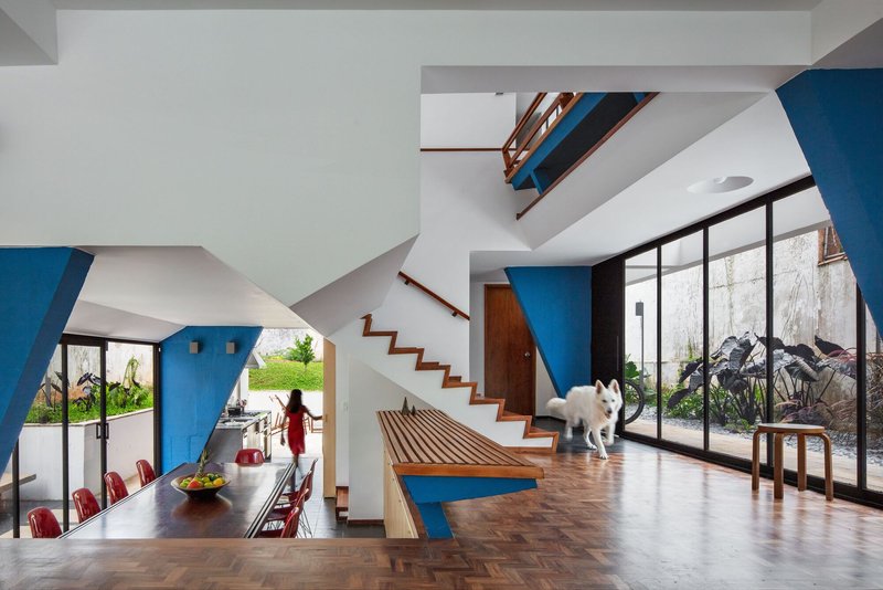 Double-height living space with timber staircase, angled blue columns, and dog on herringbone floor