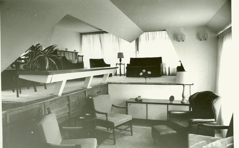 Split-level interior with angular ceiling planes, mid-century furniture and potted plants in diffused natural light