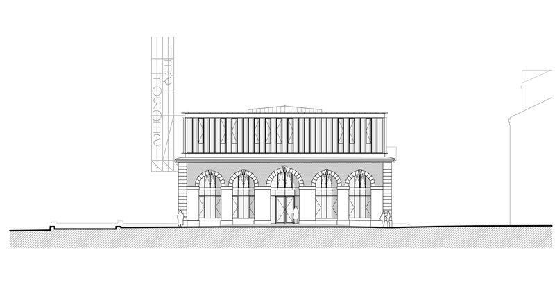 Elevation drawing depicting a two-level facade with arched openings and a rooftop terrace with slats