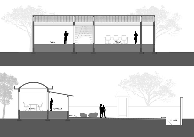 Section drawings showing cabin and studio spaces with human figures for scale and tree silhouettes