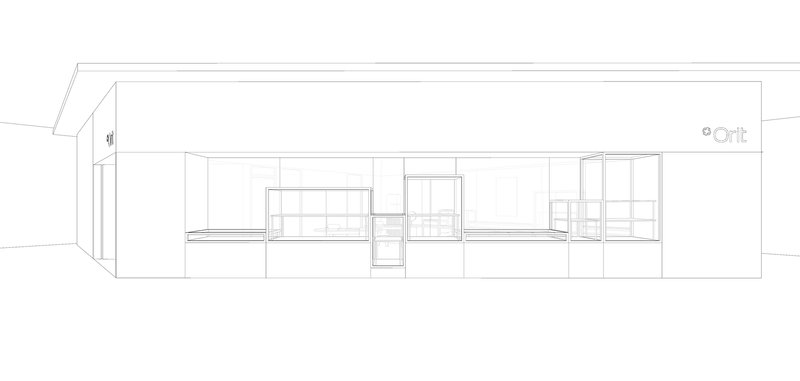 Elevation drawing showing the glazed facade with gridded windows and a central entry door