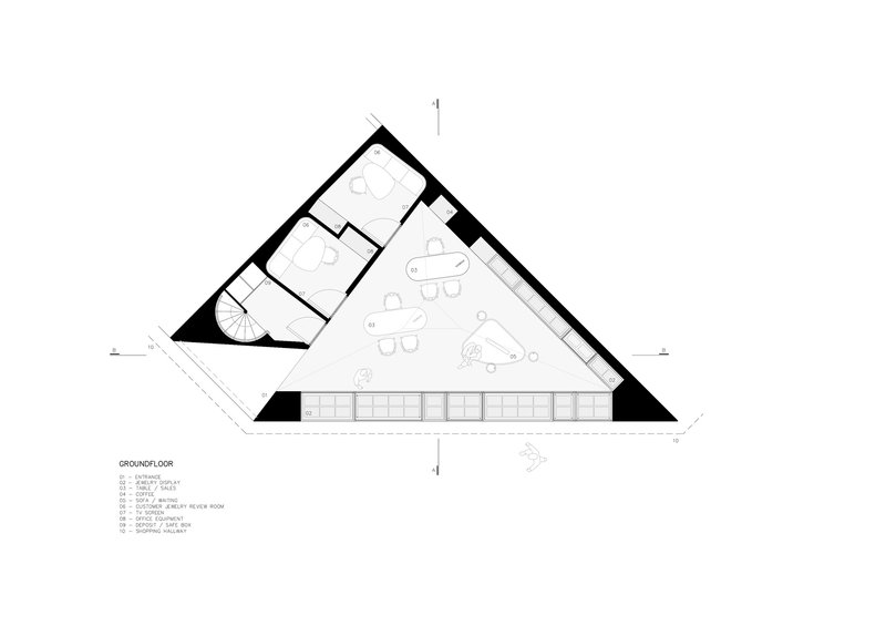 Ground floor plan drawing of a triangular-shaped office with workstations and service core