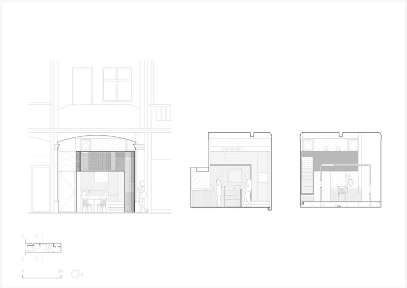 Elevation and section drawings showing the insertion of new volumes within an existing building