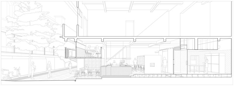Longitudinal section drawing revealing the interior spatial organization and ceiling structure
