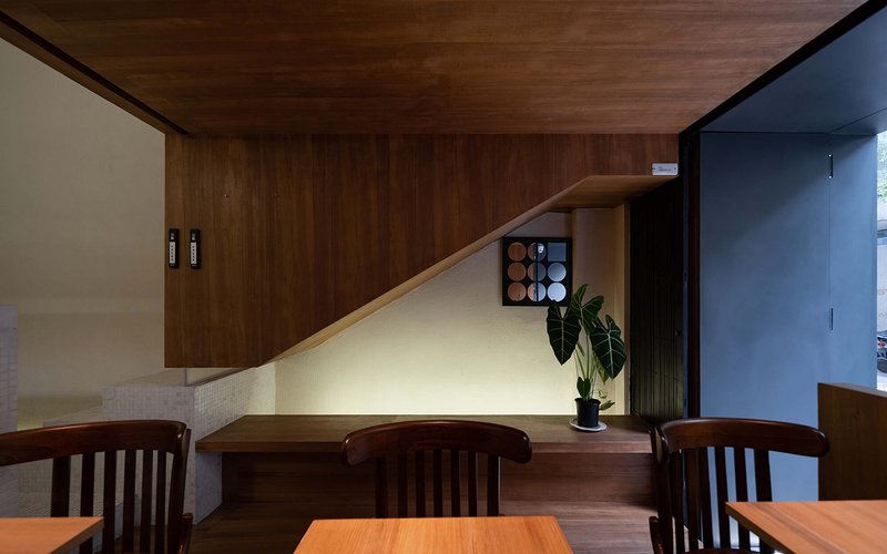 Timber staircase with integrated lighting beneath wood-paneled ceiling and potted plant at base