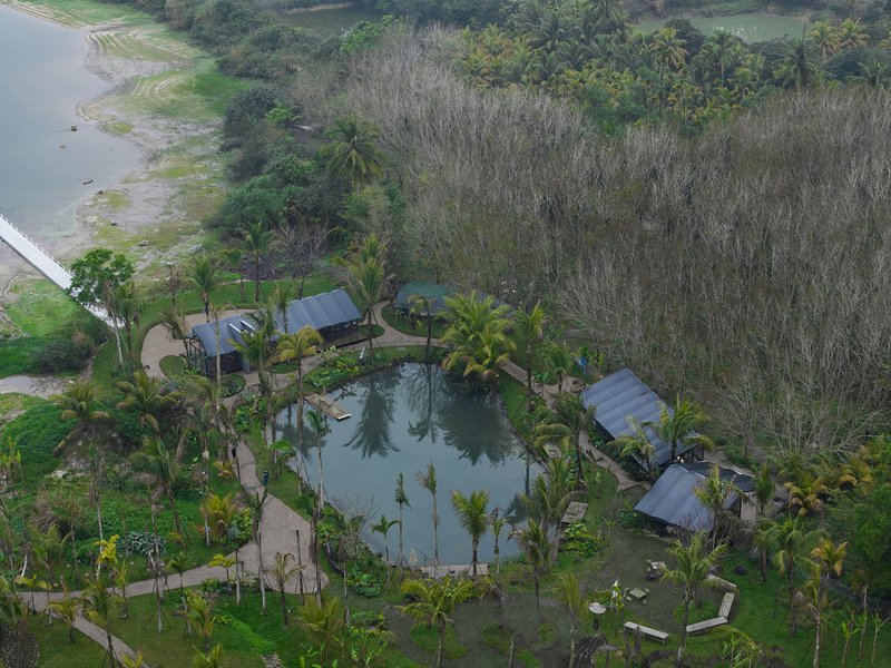 Aerial view of three corrugated-roof pavilions surrounding a pond bordered by palms and bare trees at the shoreline