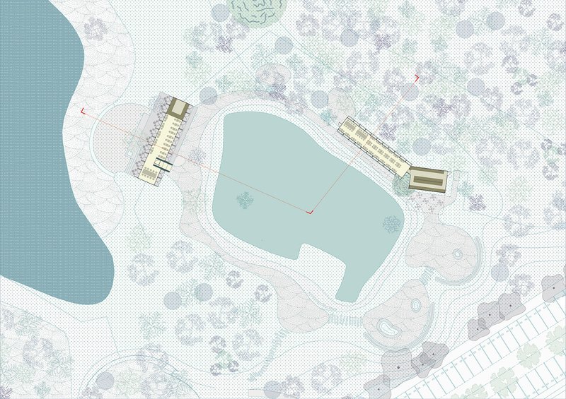 Site plan drawing showing two elongated structures flanking a central pool among scattered tropical vegetation