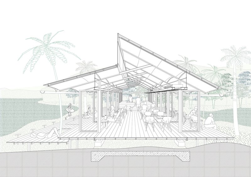 Section drawing showing the exposed steel frame and peaked roof structure over a dining interior with palm trees