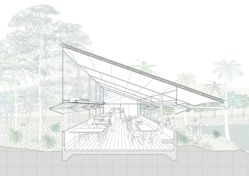 Section drawing revealing the layered roof trusses and open dining hall with waterside landscape beyond