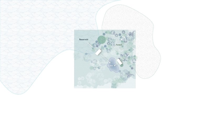 Site plan diagram indicating reservoir and forest zones around two pavilion footprints in a water landscape