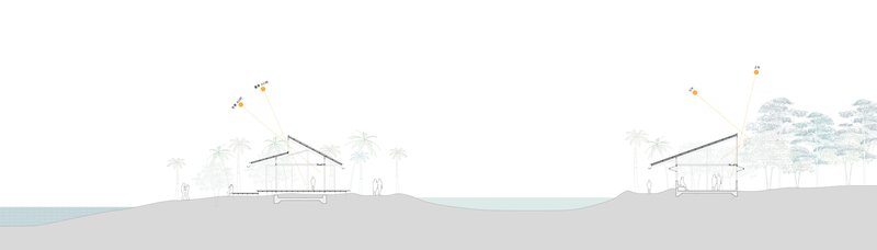 Section drawing depicting two gabled pavilions with palm trees and human figures for scale