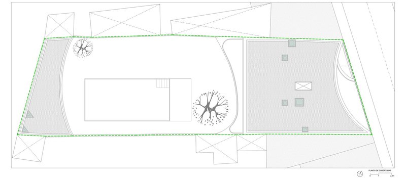 Roof plan showing pool outline, tree placement and terrace paving pattern