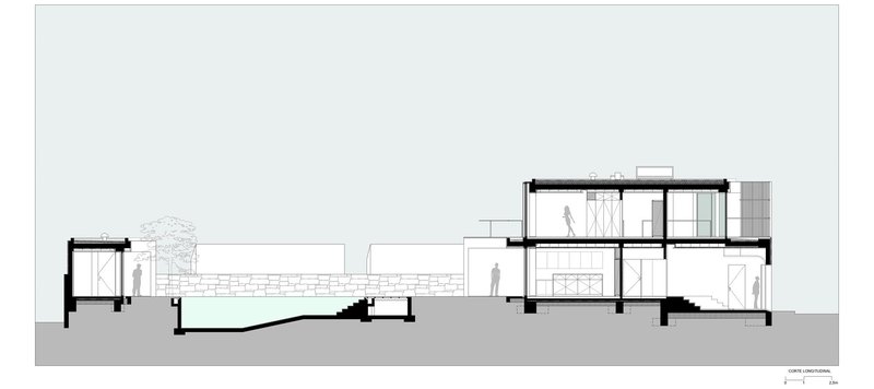 Longitudinal section drawing showing two-story volumes connected by a long horizontal wall with a tree