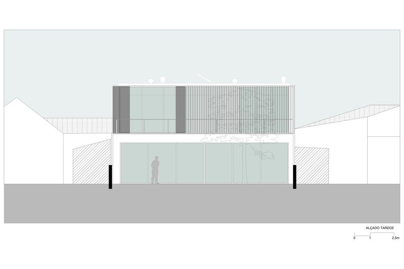 Rear elevation drawing depicting glazed lower floor and corrugated metal upper volume with figure silhouette