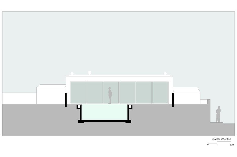 Cross section drawing showing glazed pavilion with cantilevered floor plate and figure for scale