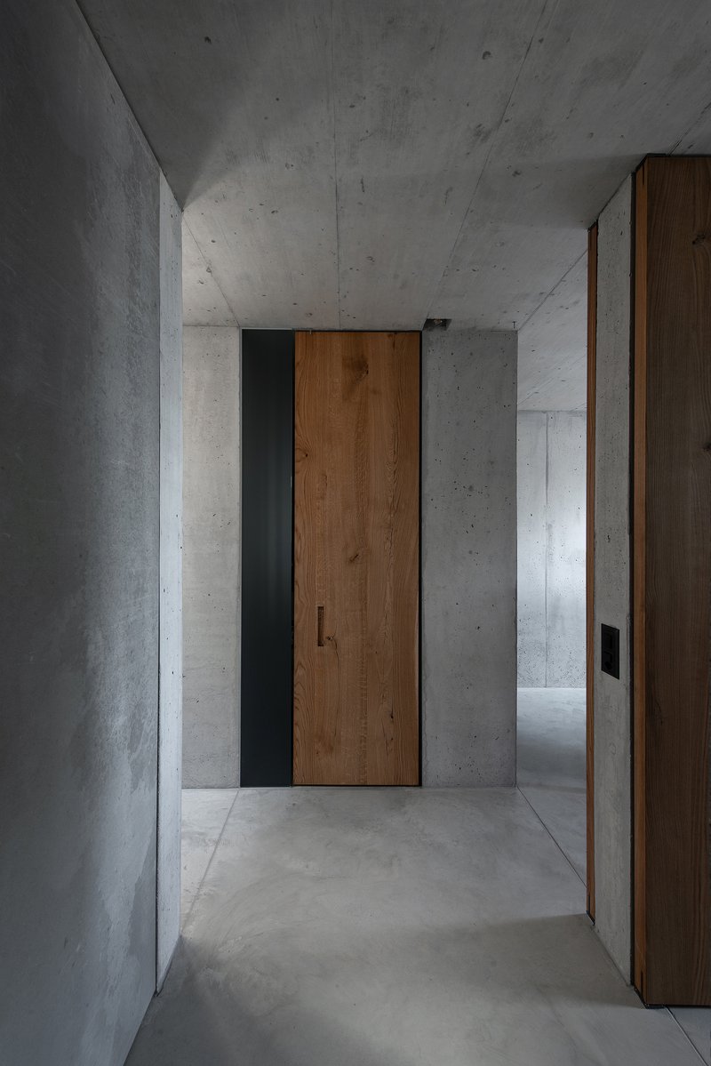 Timber pivot door set within concrete walls in a narrow hallway with diffused natural light