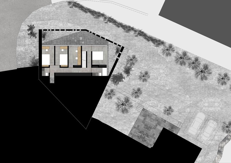 Section drawing through the two-story volume revealing interior spaces and the curved roof