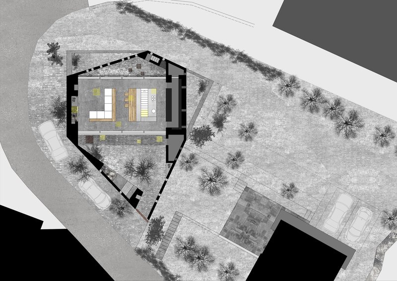 Ground floor plan showing the interior layout within the angled pentagonal perimeter walls