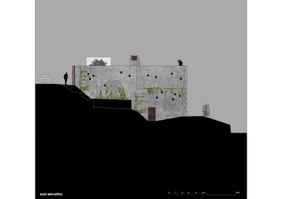 This architectural image presents an east elevation of a modern, minimalist building situated on a h