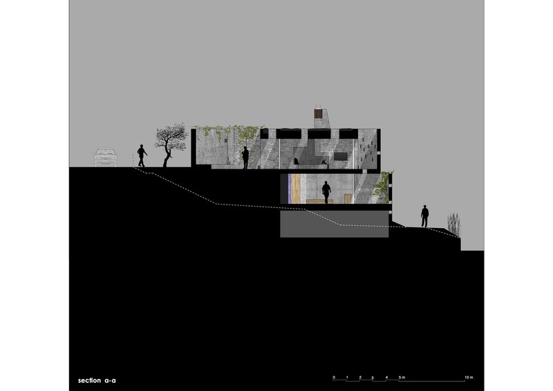 Section drawing revealing split-level interior spaces carved into the hillside with planted terraces