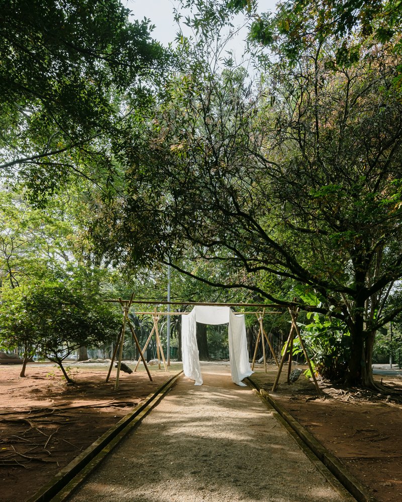 White fabric pavilion supported by bamboo poles under dappled shade in a park clearing
