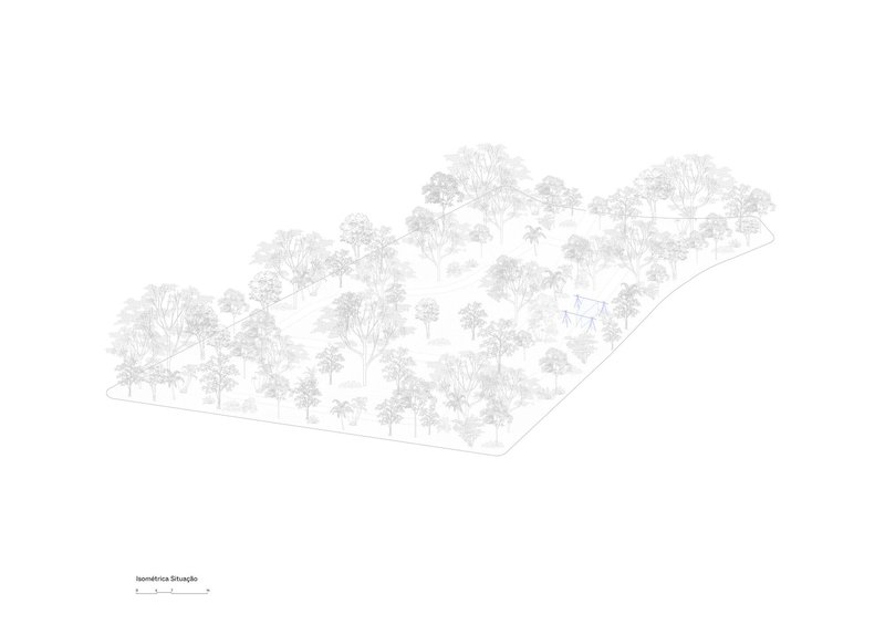 Axonometric drawing showing a wooded site with scattered trees and a small structure in the clearing