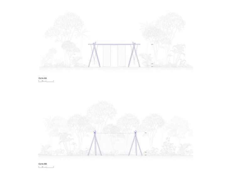 Elevation drawings showing an A-frame structure with angled timber supports and vertical infill panels surrounded by trees