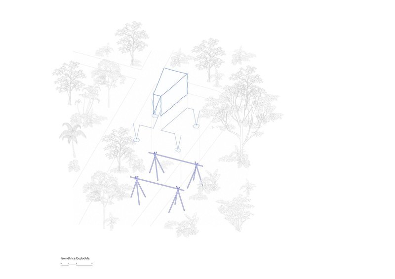 Isometric drawing showing a building volume with an A-frame canopy structure amid scattered vegetation