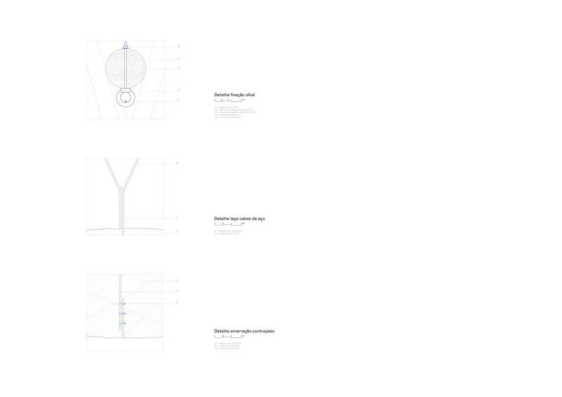 Technical detail drawings showing connection points of timber columns and cable assemblies